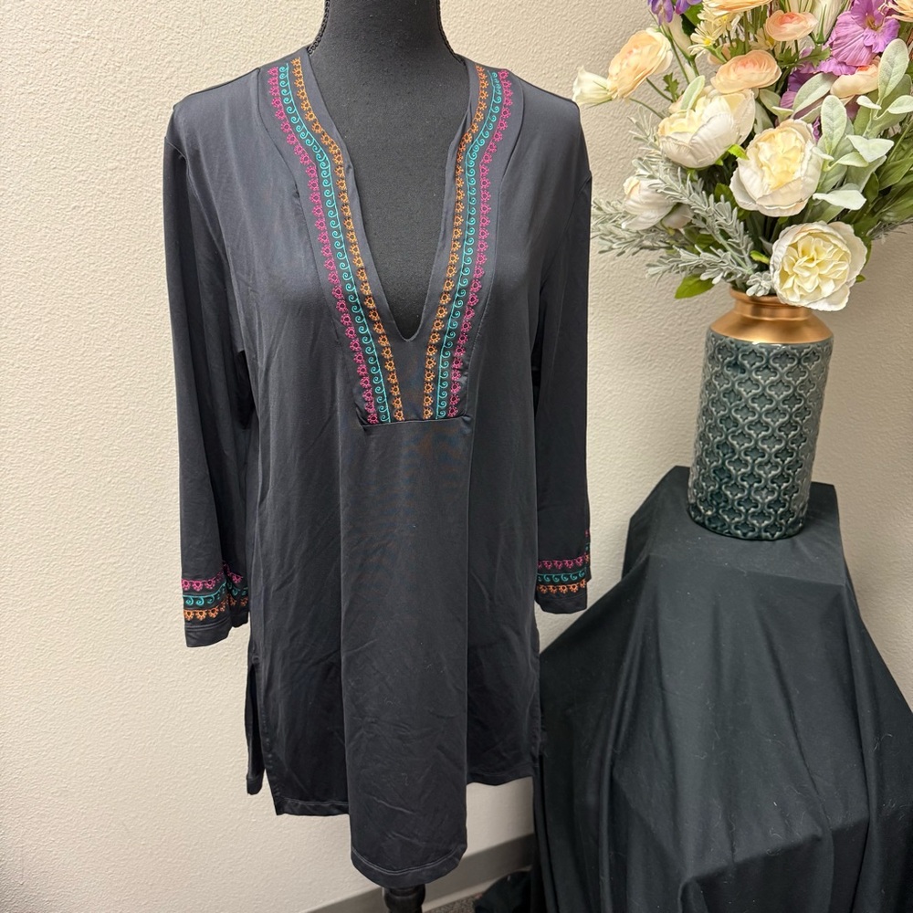 Cremieux Black Embroidered V-Neck Tunic Boho Long Sleeve Top M - Picture 1 of 8
